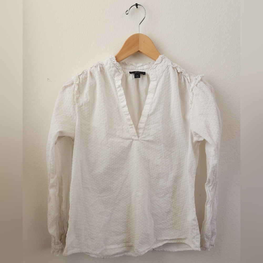 J. Crew Ruffle Trim V-neck Long Sleeve Textured Blouse White Extra Small XS - Picture 1 of 8